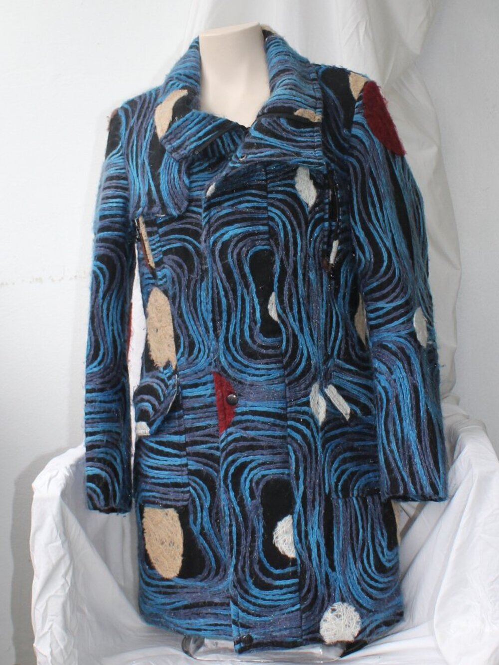 VTG Samuel Dong  Blue Black Wool Blend Graphic Patchwork Belted Coat size S /M